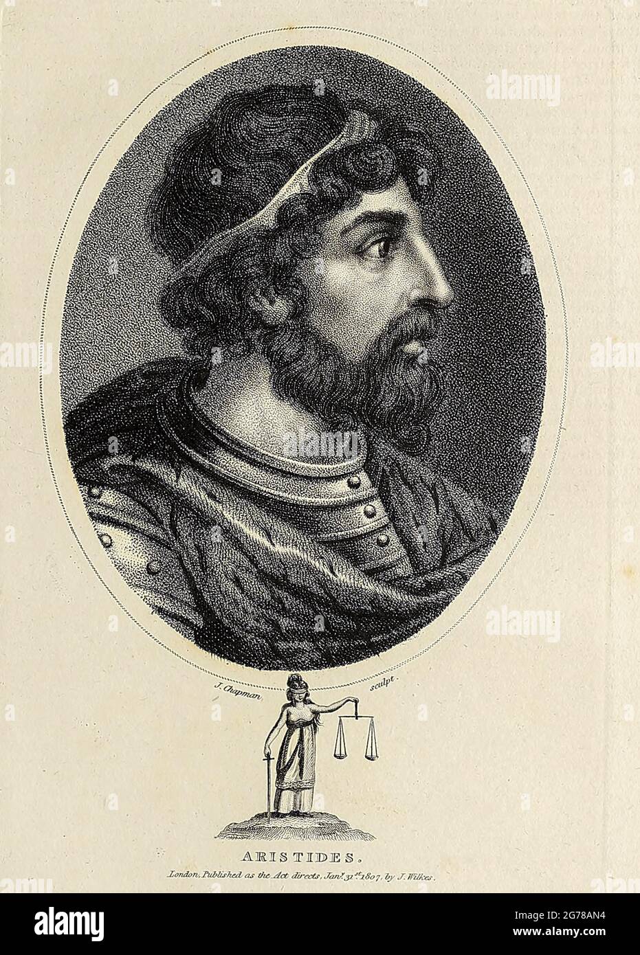 Aristides (530–468 a.C.) è stato un antico statista ateniese. Soprannominato 'il giusto', fiorì nei primi quartieri del periodo classico di Atene ed è ricordato per la sua generalità nella guerra persiana. L'antico storico Erodoto lo citò come 'il migliore e più onorato uomo di Atene', e ricevette un trattamento altrettanto riverente nei dialoghi socratici di Platone. Incisione su copperplate dell'Enciclopedia Londinensis OR, dizionario universale delle arti, delle scienze e della letteratura; Volume VIII; a cura di Wilkes, Giovanni. Pubblicato a Londra nel 1810. Foto Stock