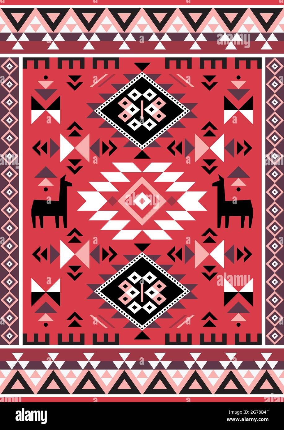 Motivo rettangolare vettoriale tribale geometrico con lama, forme astratte in stile tappeto peruviano, tessuto azteco o stampa tessuto formato 2x3 Illustrazione Vettoriale