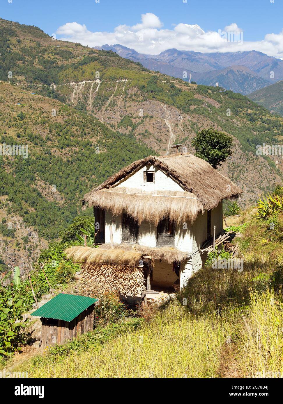 Bella casa in Nepal, valle Khumbu, Solukhumbu, Nepal Himalaya montagne paesaggio Foto Stock