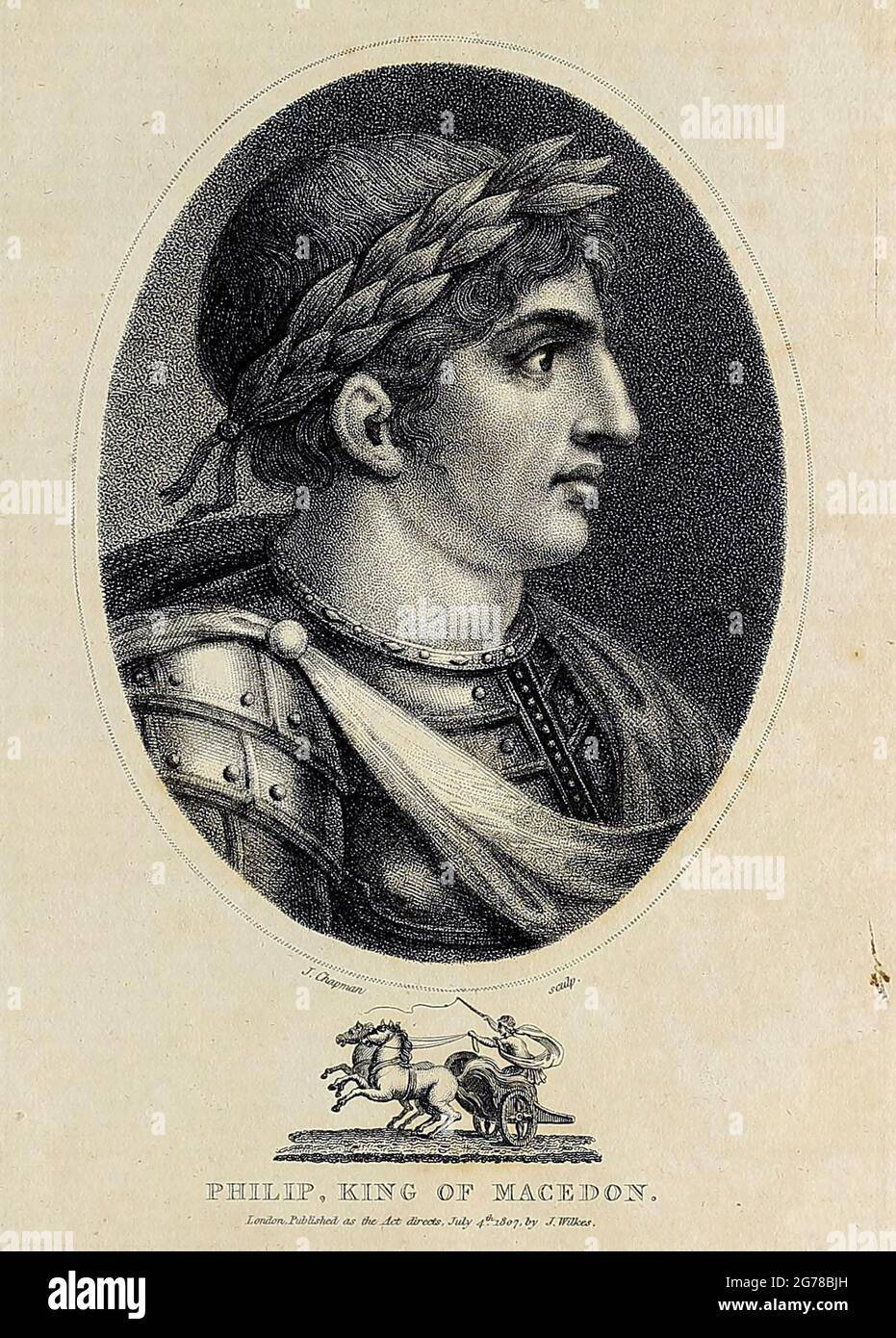 Filippo II di Macedone (382 – 21 ottobre 336 a.C.) fu il re (basileo) del regno di Macedone dal 359 a.C. fino al suo assassinio nel 336 a.C. Era un membro della dinastia argeadica dei re macedoni, il terzo figlio del re Amyntas III di Macedone, e padre di Alessandro il Grande e Filippo III Incisione su copperplate dell'Enciclopedia Londinensis OR, dizionario universale delle arti, delle scienze e della letteratura; Volume VIII; a cura di Wilkes, Giovanni. Pubblicato a Londra nel 1810. Foto Stock