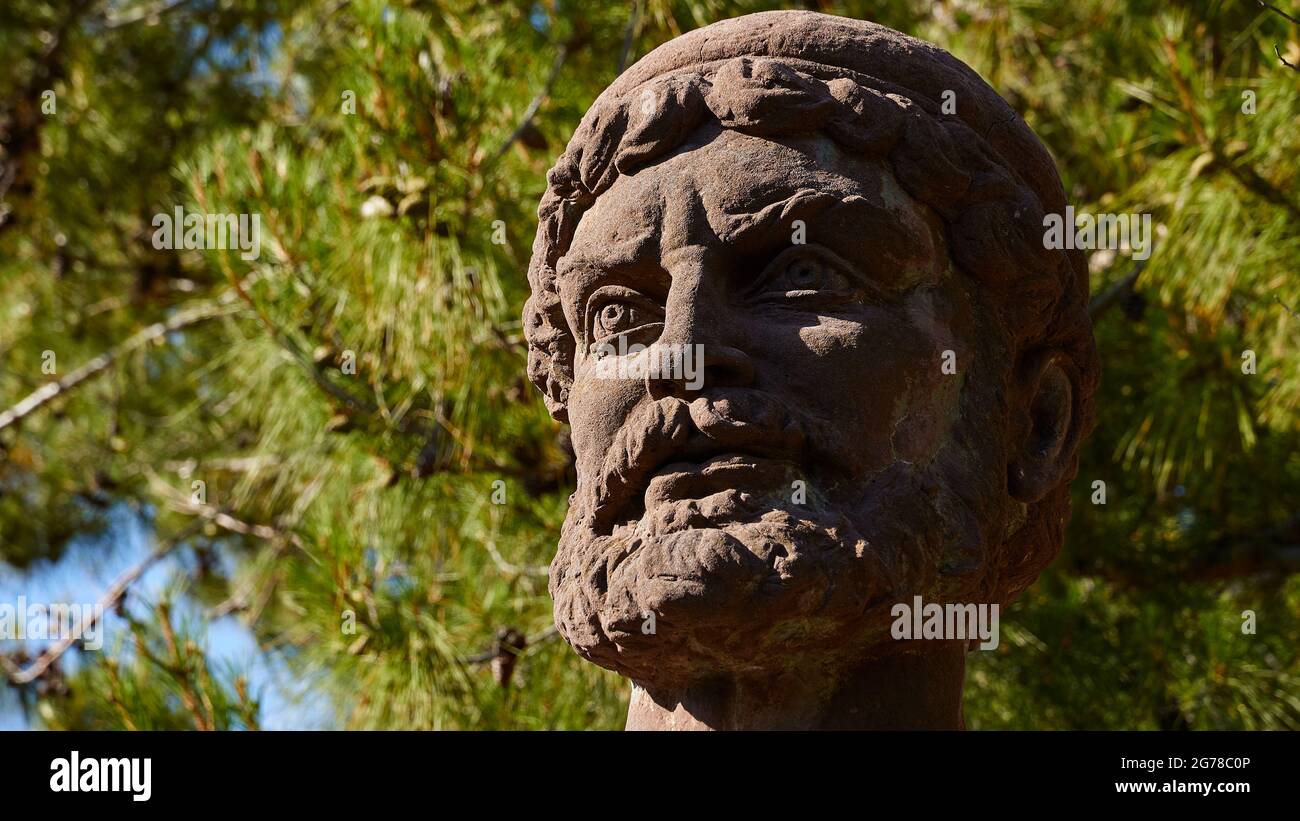 Isole IONIE, Ithaca, nord, Place Stavros, busto di Odysseus, Dettaglio: Capo di Odysseus Foto Stock