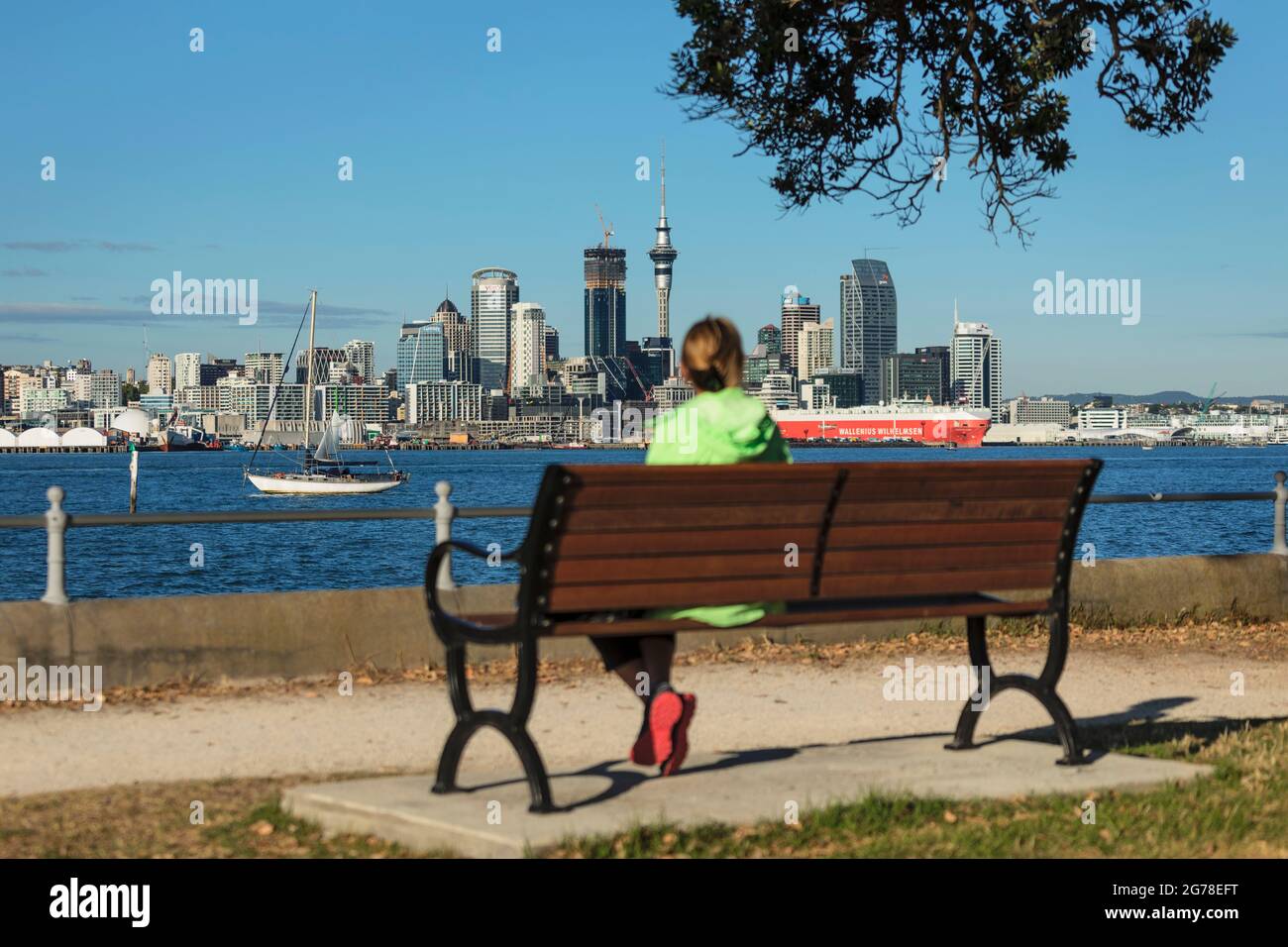 Vista dalla passeggiata di Devonport allo skyline di Auckland, Isola del Nord, Nuova Zelanda, Oceania Foto Stock