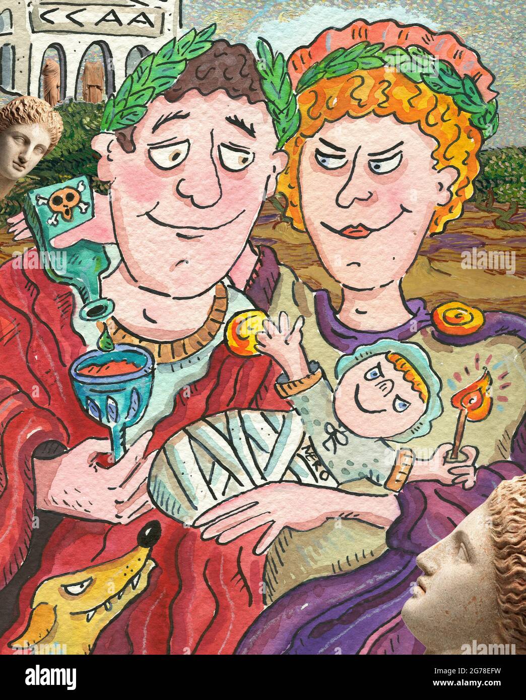 Cesare e sua moglie con bambino, gli dà veleno, illustrazione Foto Stock