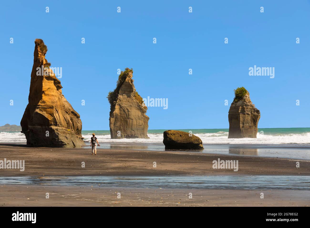 Three Sisters Beach, Tongaporutu, Taranaki, Isola del Nord, Nuova Zelanda, Oceania Foto Stock