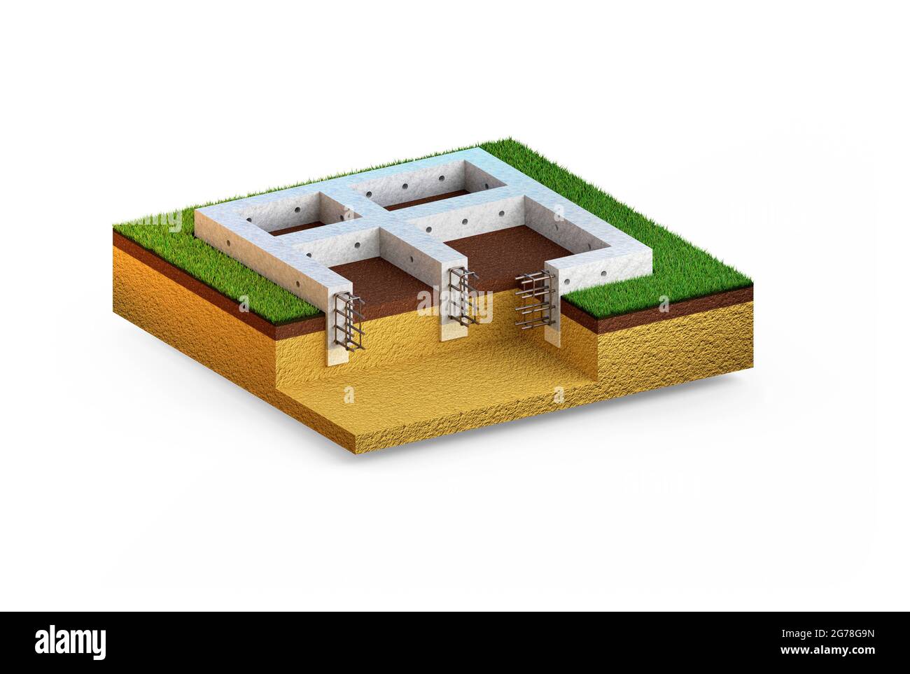 Colata parete cementizia rinforzata basamento. Isolato cgi rendering industriale 3D Foto Stock