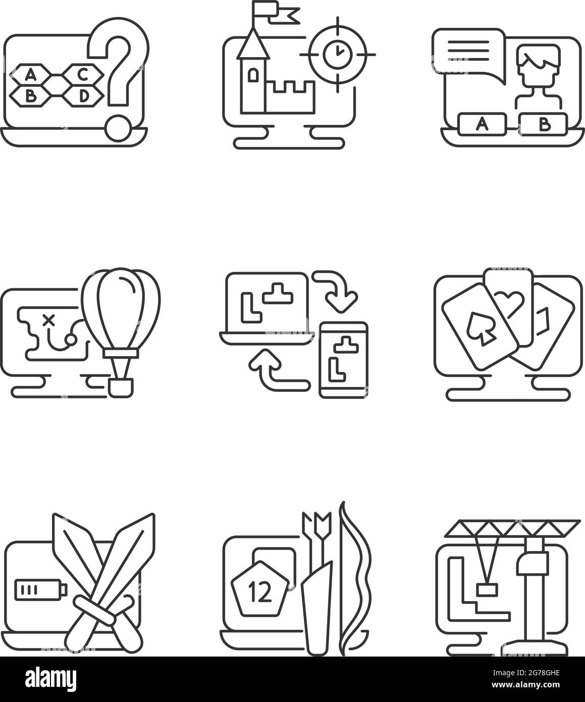 Set di icone lineari per i generi di gioco Illustrazione Vettoriale