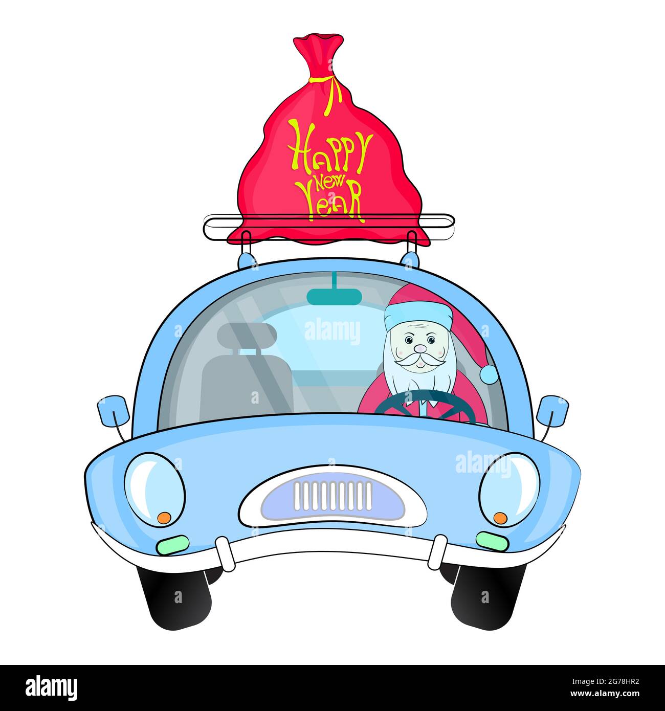 Babbo natale che guida un'auto. Borsa con regali. Illustrazione vettoriale. Illustrazione Vettoriale