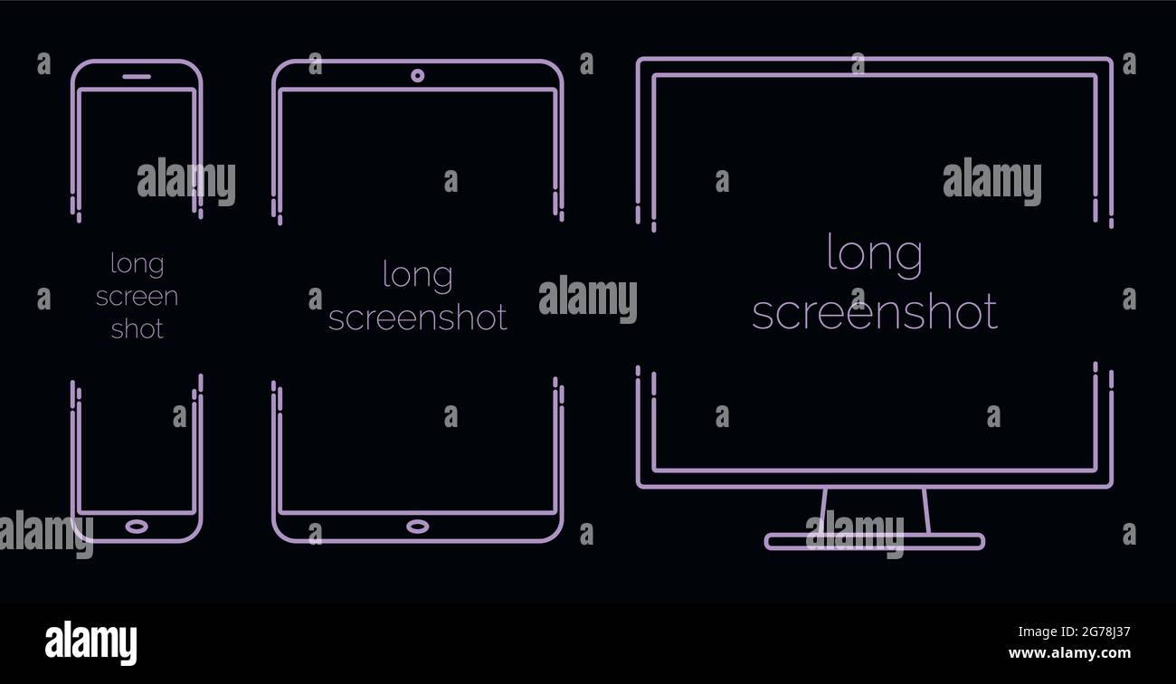 set di cornici per smartphone, tablet e computer desktop per la presentazione di lunghe schermate, web design Illustrazione Vettoriale