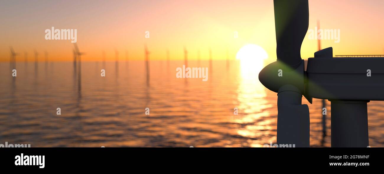 Grande parco eolico off shore al tramonto con rendering panoramico in 3d Foto Stock
