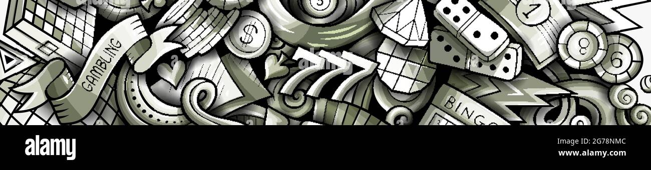 Bandiera di doodle disegnata a mano del casinò. Opuscolo dettagliato su Cartoon Vector. Illustrazione con oggetti e simboli da gioco. Grafica sfondo orizzontale Illustrazione Vettoriale