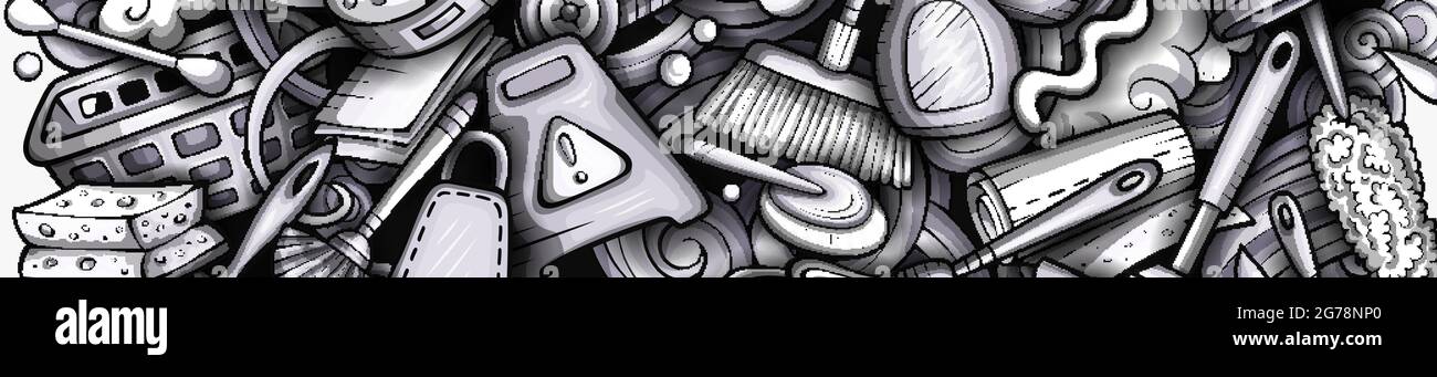 Pulizia della bandiera a doodle disegnata a mano. Opuscolo dettagliato su Cartoon Vector. Illustrazione con oggetti e simboli di pulizia. Grafica sfondo orizzontale Illustrazione Vettoriale