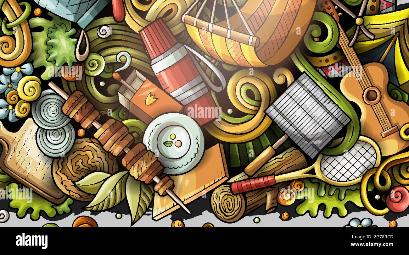 Banner da picnic con doodle disegnati a mano. Opuscolo dettagliato su Cartoon Vector. Illustrazione con oggetti e simboli del campo. Sfondo orizzontale colorato Illustrazione Vettoriale