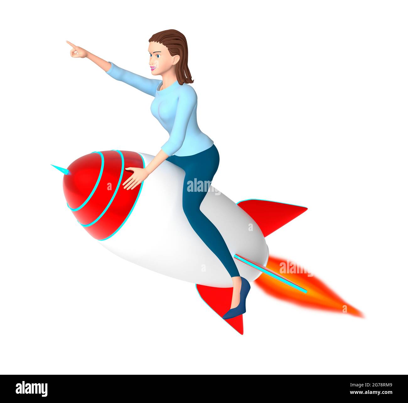 Illustrazione di una donna di affari che punta la sua mano in avanti. Concetto di startup, innovazione. Rendering 3D. Foto Stock