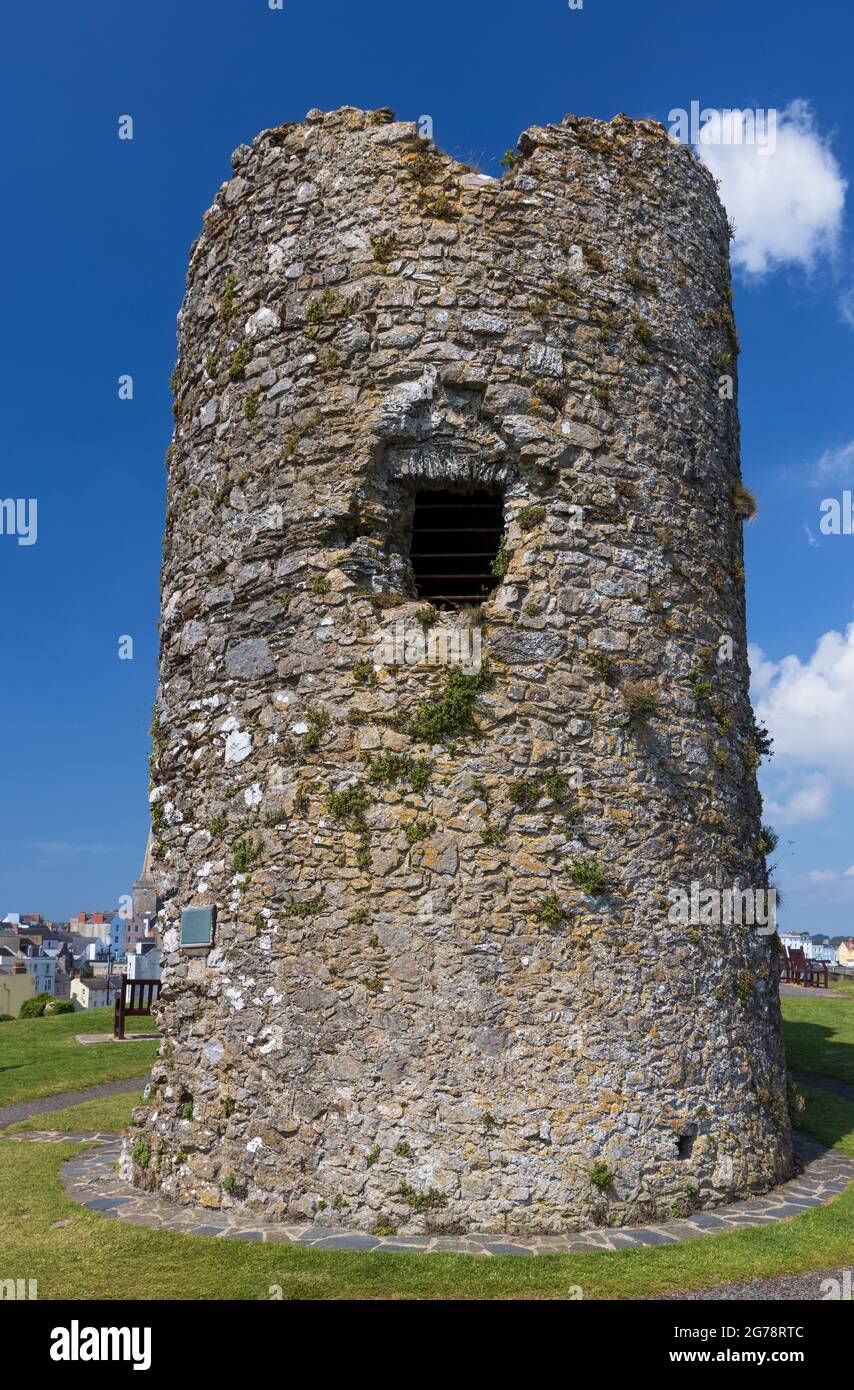 La torre del castello di Tenby su Castle Hill, Tenby, Pembrokeshire, Galles, Regno Unito Foto Stock
