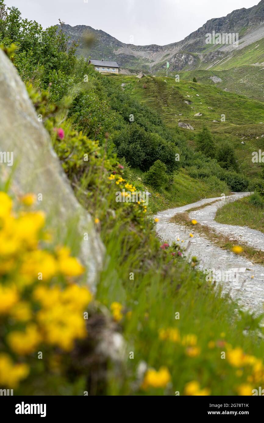 Europa, Austria, Tirolo, Verwall, Paznaun, Galtür, rifugio Friedrichshafener, strada agricola verso rifugio Friedrichshafener Foto Stock