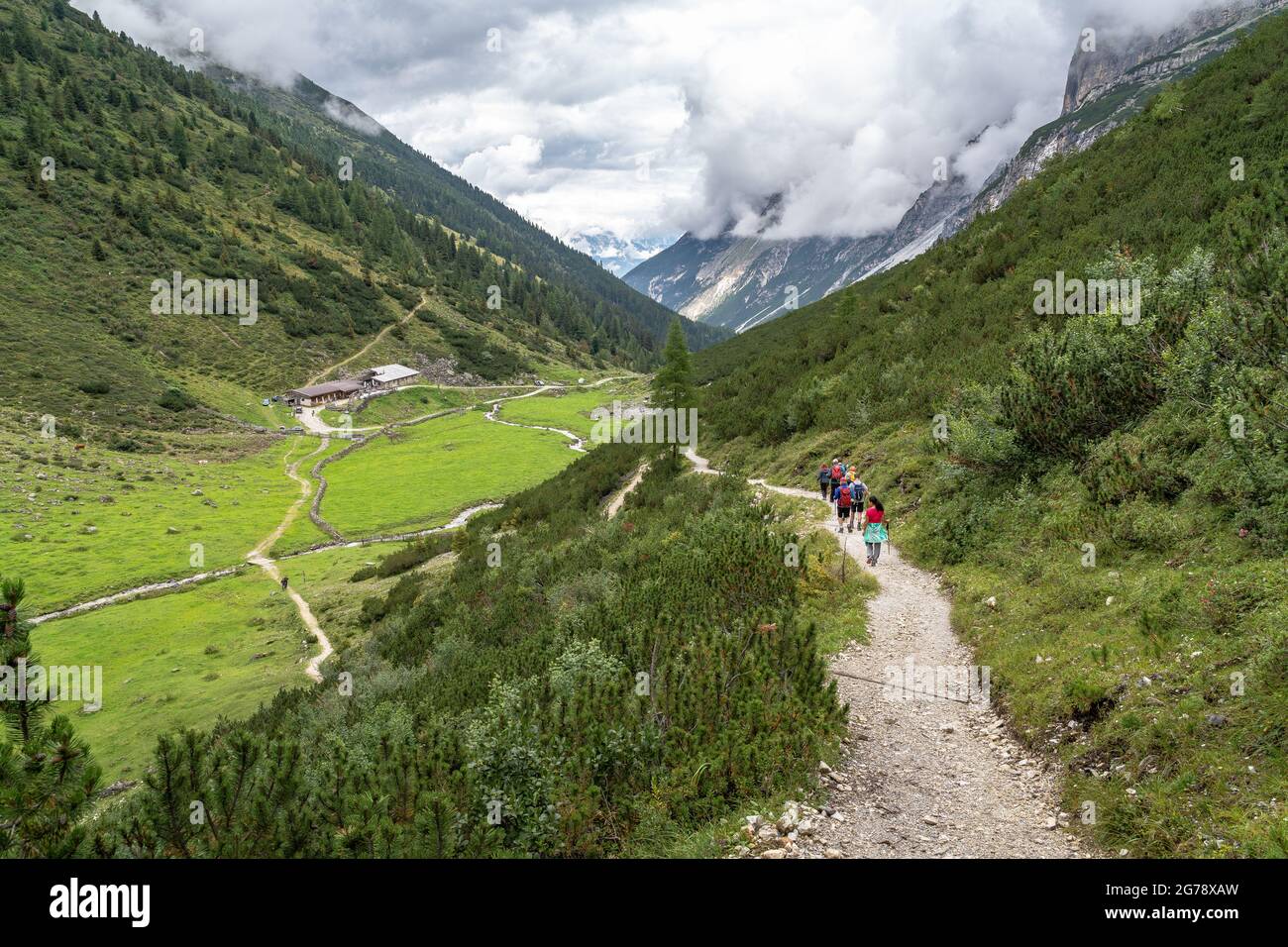 Europa, Austria, Tirolo, Alpi Stubai, Pinnistal, Gruppo escursionistico sulla discesa al Karalm nel Pinnistal Foto Stock