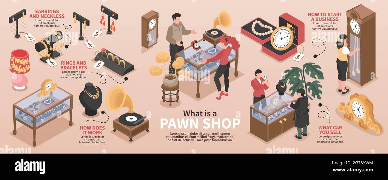 Pawn shop layout isometrico infografico con immagini di oggetti preziosi e informazioni su come iniziare business vettoriale illustrazione Illustrazione Vettoriale