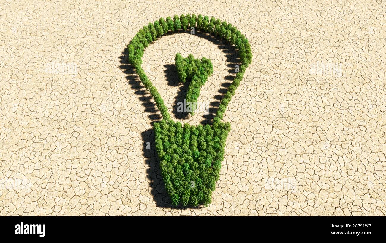 Concetto o gruppo concettuale di albero di foresta verde su fondo asciutto, segno di una lampadina. metafora dell'illustrazione 3d per l'ispirazione Foto Stock