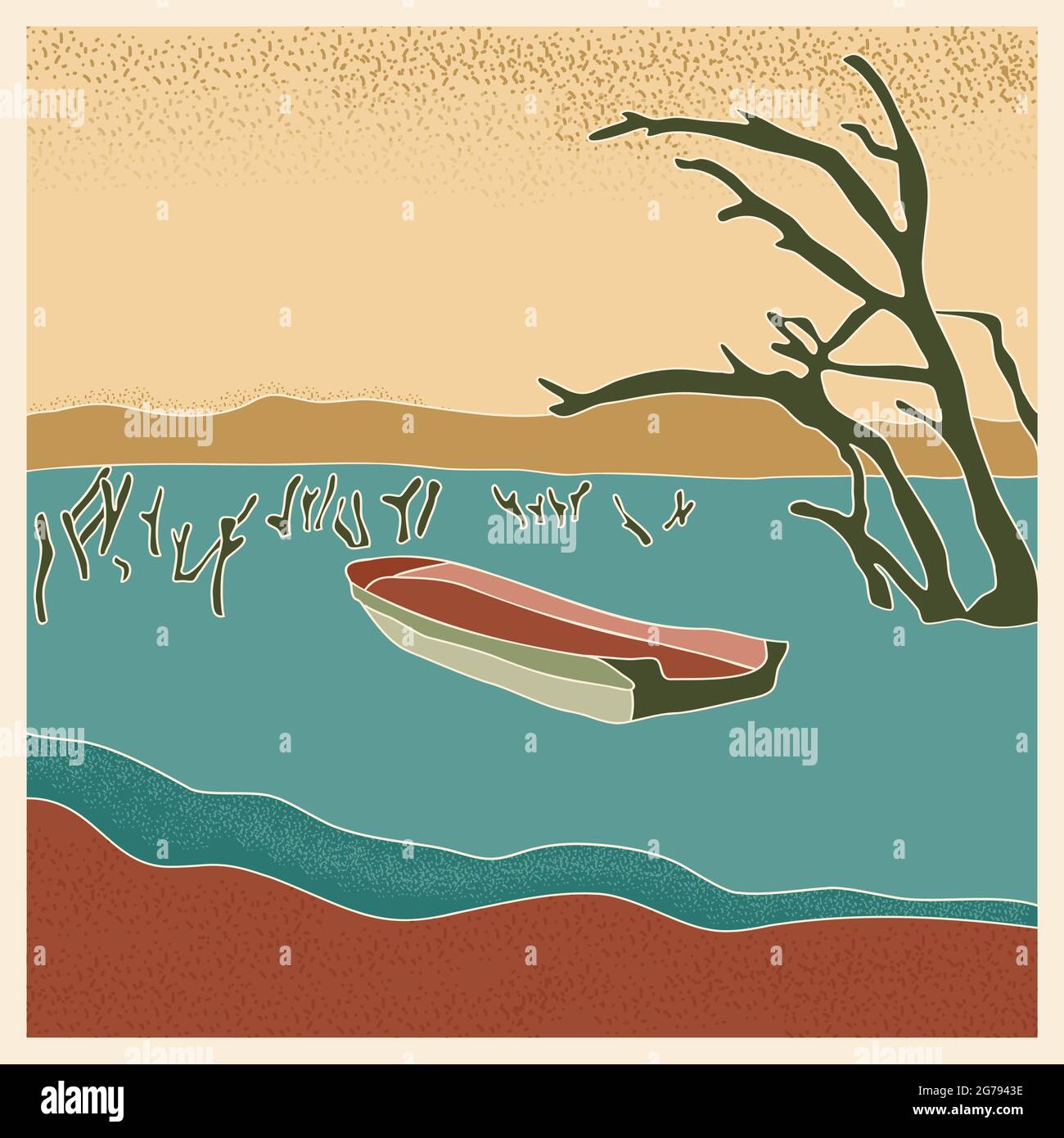 Poster retrò astratto paesaggio. Imbarcazione stilizzata in lago con tronchi di alberi asciutti, montagne sull'orizzonte vettore illustrazione con rumori Illustrazione Vettoriale