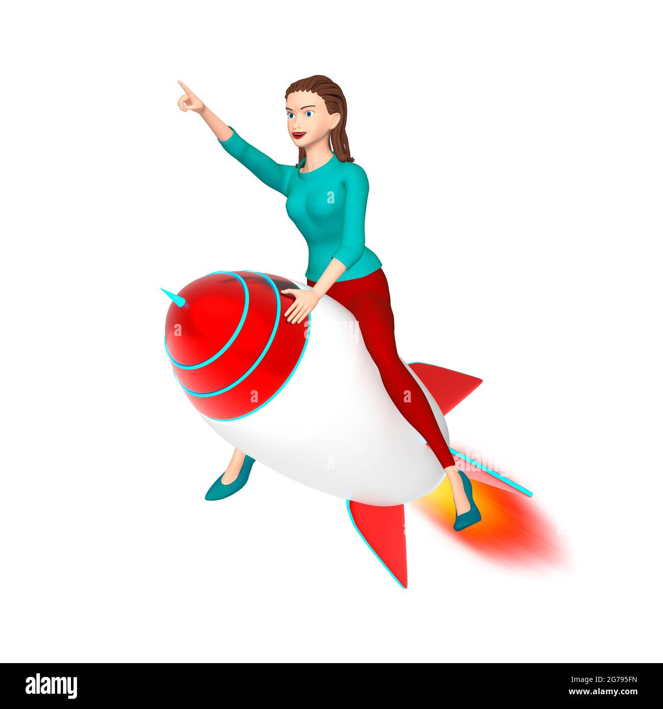 Un'illustrazione di una donna che punta la mano in avanti. Concetto aziendale di startup, innovazione. Rendering 3D. Un personaggio su un razzo Foto Stock