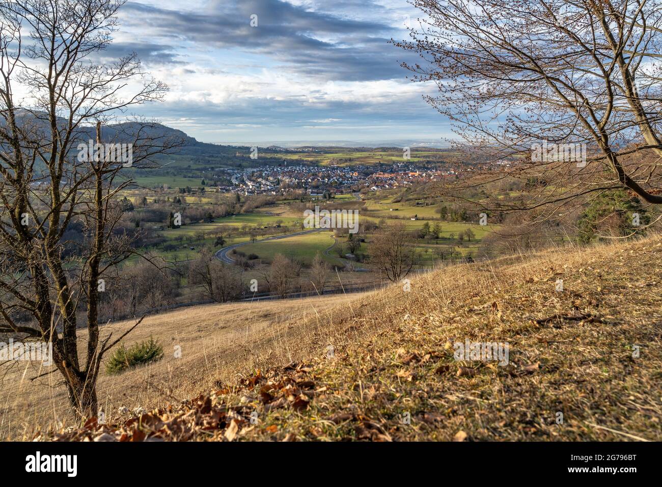 Europa, Germania, Baden-Wuerttemberg, Alb Svevo, Neuffen, Vista dal percorso escursionistico premium 'hochgehkeltert' al villaggio di Neuffen Foto Stock