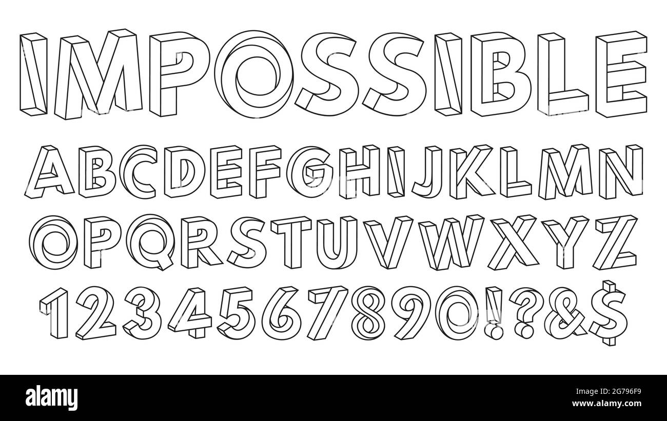 Carattere forme impossibile. Lettere e numeri dell'alfabeto paradosso, serie di illustrazioni vettoriali di figure geometriche abc. Illusione ottica alfabeto impossibile Illustrazione Vettoriale