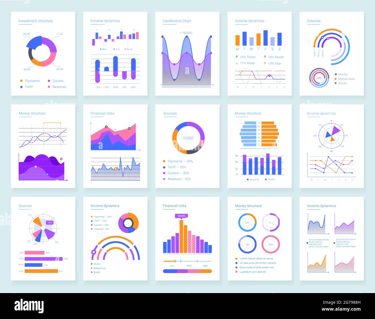 Moderni modelli vettoriali per infografica per l'analisi aziendale. Statistica finanziaria con grafici, grafici a linee Illustrazione Vettoriale
