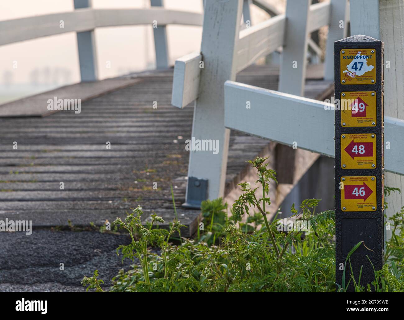 Impressioni di un'escursione primaverile all'alba e alla nebbia in Sud Olanda nella regione di Alblasserwaard Vijfheerenlanden vicino a Kinderdijk: Indicazioni per percorsi escursionistici da un ponte Foto Stock
