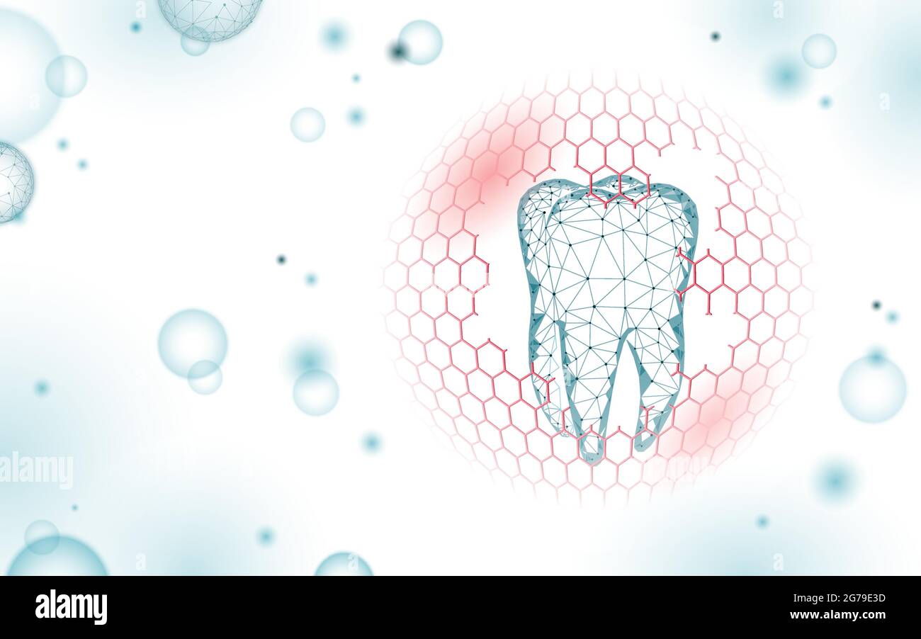 Concetto medico capsula di farmaco a basso dente di poly. Whitening smalto ricostruzione sanità. Illustrazione vettoriale della procedura odontoiatrica sana poligonale. Illustrazione Vettoriale