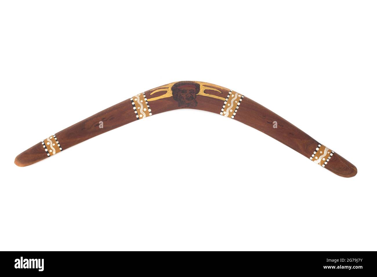 Un Boomerang fotografato su uno sfondo bianco Foto Stock