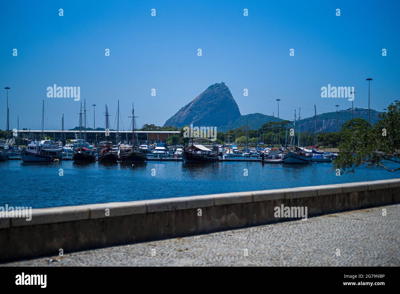 Pan di zucchero (Morro pao de Açúcar) - visto da Marina da Gloria a Rio de Janeiro, Brasile Foto Stock