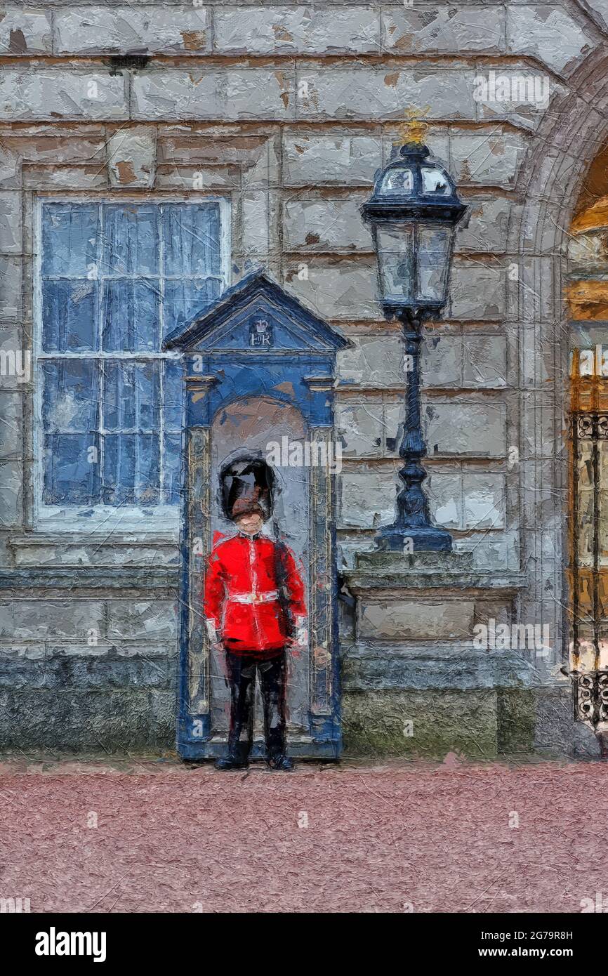 Cambio della guardia di fronte a Buckingham Palace a Londra. Pittura di texture multicolore Foto Stock