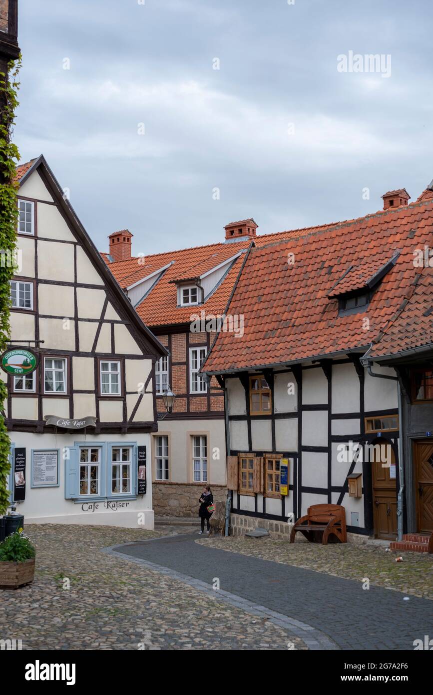 Germania, Sassonia-Anhalt, Quedlinburg, case storiche a graticcio, patrimonio dell'umanità dell'UNESCO, Harz Foto Stock