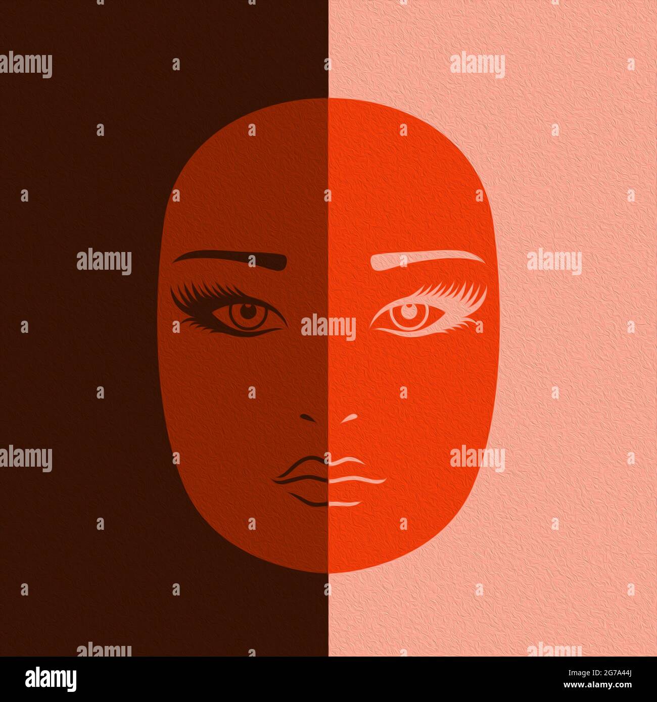 Astratto bella faccia femminile divisa in negativo e positivo spazio, colorato disegno a mano illustrazione Foto Stock