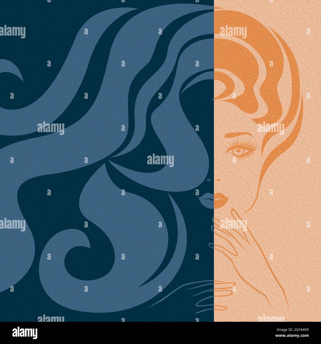 Astratto attraente donna con capelli lunghi spaccati in negativo spazio positivo, colorata espressione concettuale Foto Stock