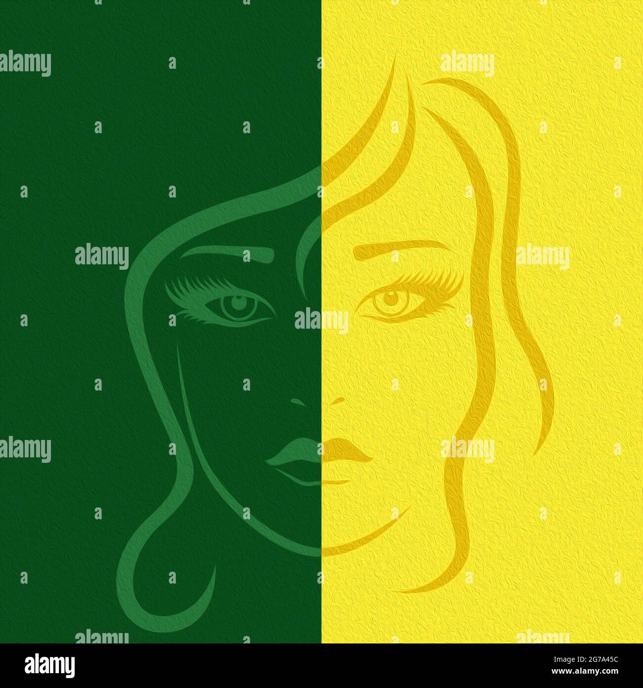 Astratto bella faccia femminile divisa in negativo spazio positivo, disegno colorato illustrazione Foto Stock