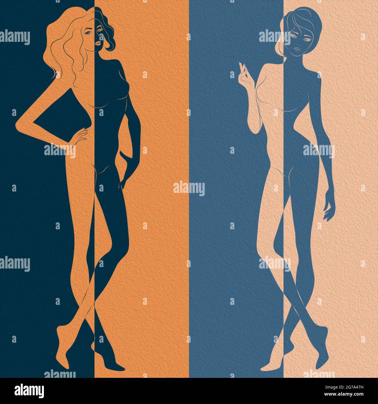 Riassunto di due donne attraenti divise nello spazio negativo e positivo, espressione concettuale colorata Foto Stock
