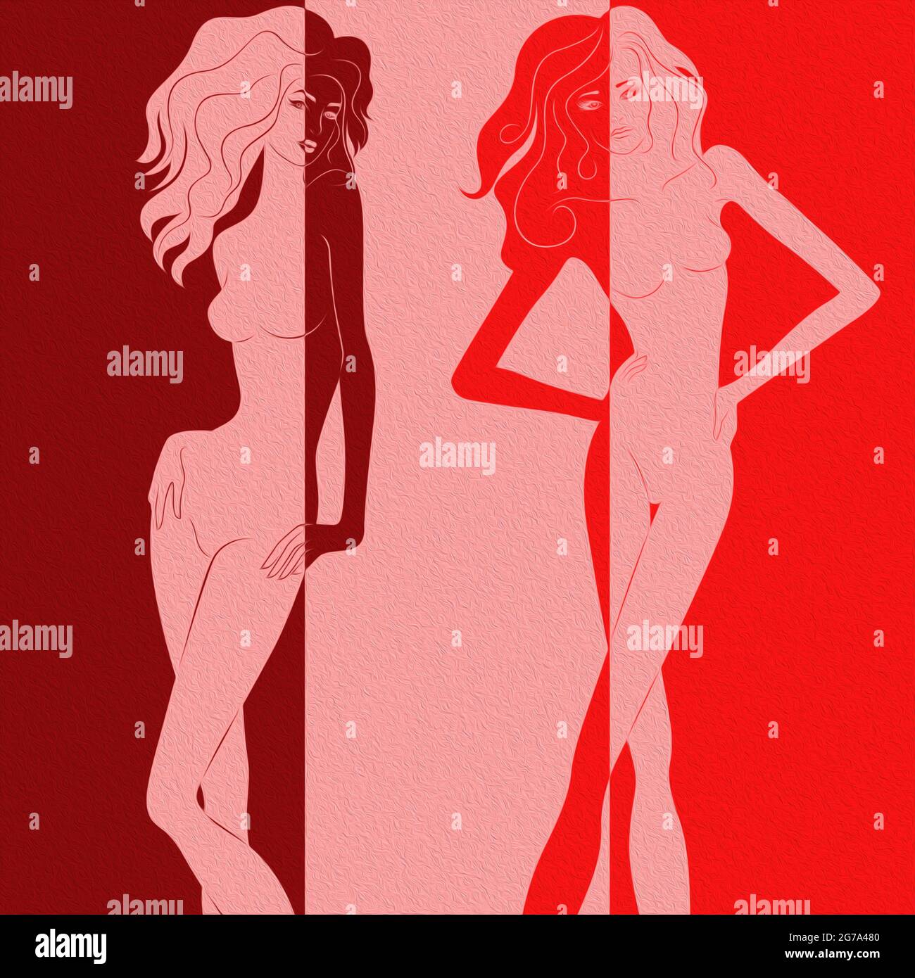 Due donne attraenti con capelli di lusso divisi in negativo spazio positivo, colorata espressione concettuale Foto Stock