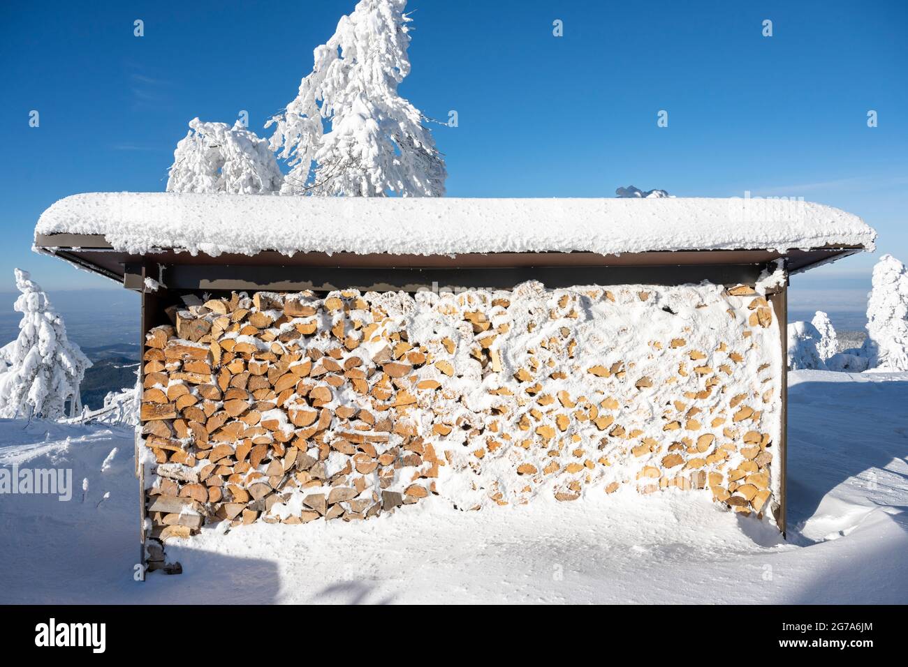 Negozio di legna da ardere innevata. Foto Stock