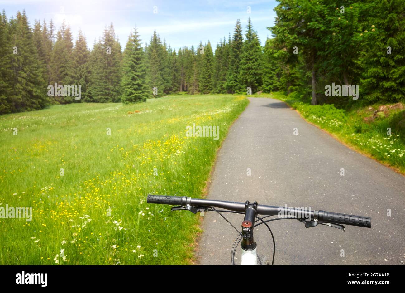 Volante per bici con asfalto sulle montagne Izera, fuoco selettivo, Polonia. Foto Stock