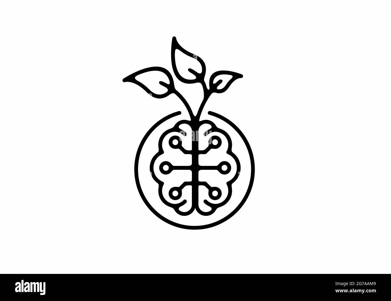 Illustrazione grafica a linee nere del design del cervello e delle foglie Illustrazione Vettoriale
