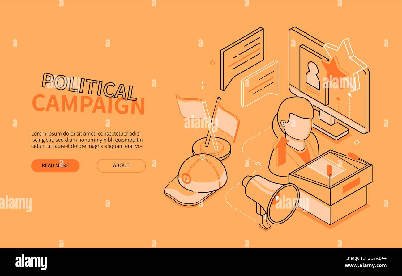 Campagna politica - banner web isometrico stile design di linea. Intestazione politica, pubblica espressione ed electioneering con spazio di testo. Microfono, candidat Illustrazione Vettoriale