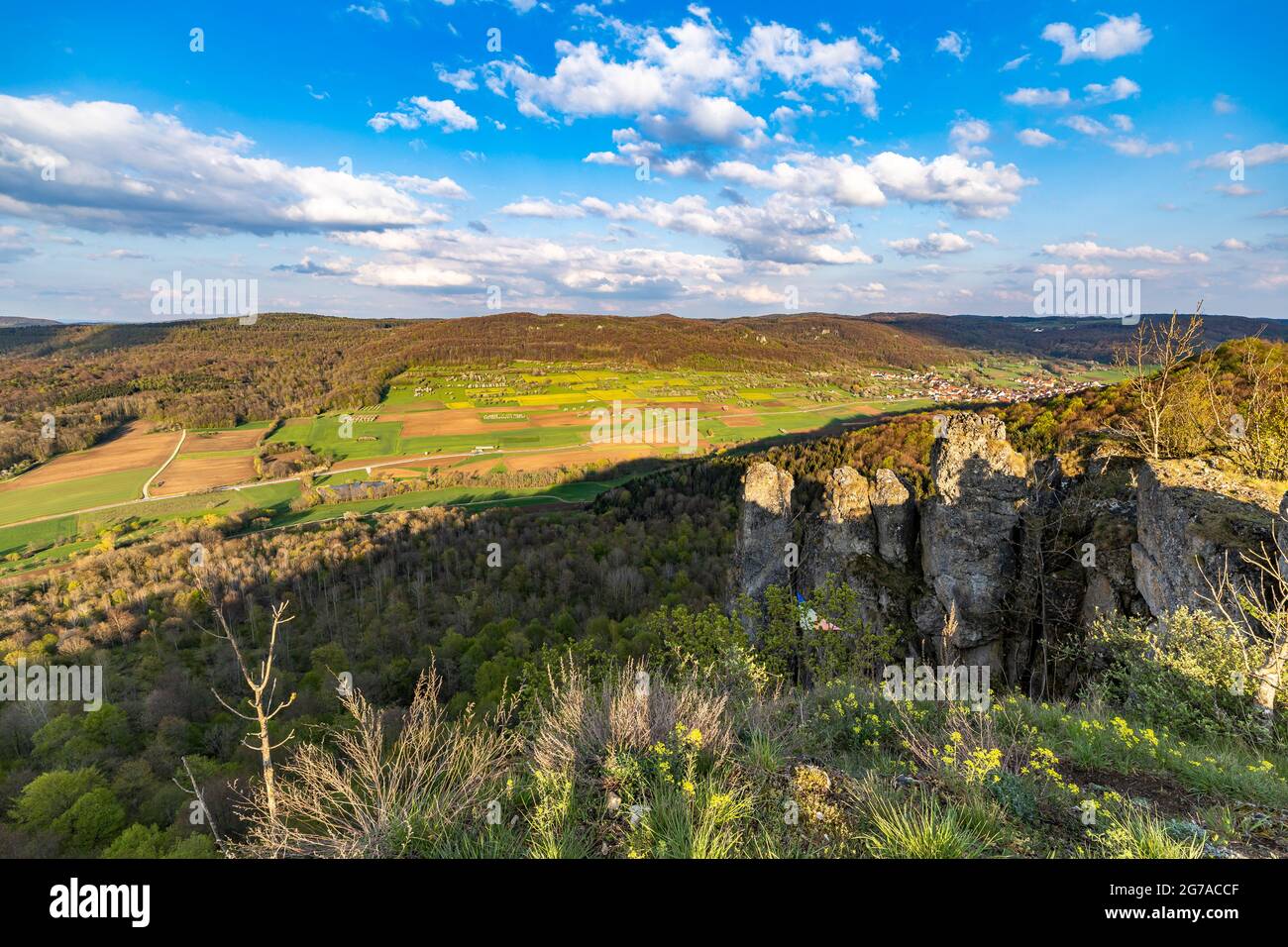Vista da Walberla vicino a Ebermannstadt al momento della fioritura dei ciliegi nel pomeriggio, alta Franconia, Baviera, Germania Foto Stock