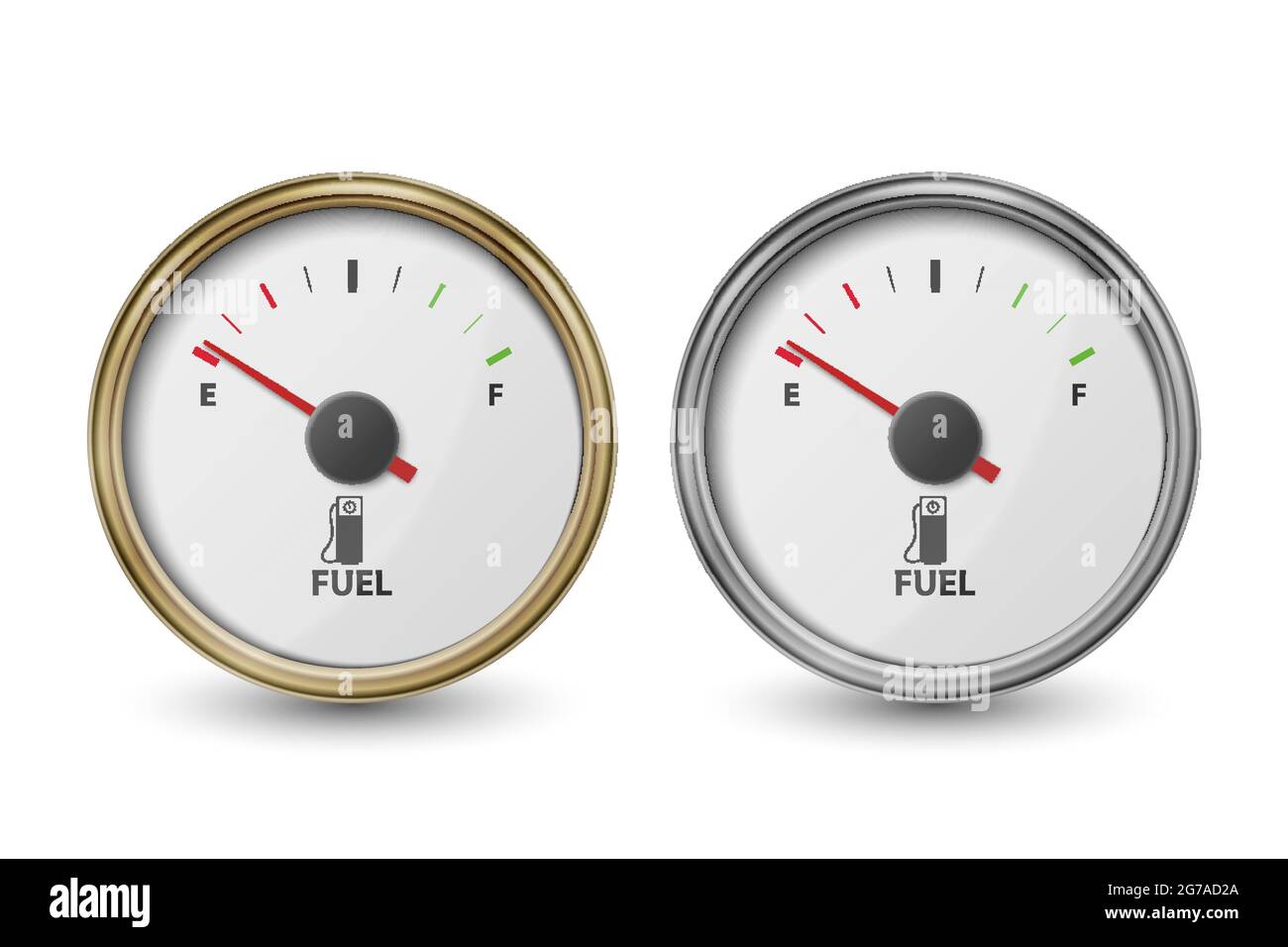 Vector 3d realistico Oro e Argento cerchio indicatore del serbatoio del gas, icona della barra del livello dell'olio impostata isolata su sfondo bianco. Dettagli cruscotto auto. Carburante Illustrazione Vettoriale