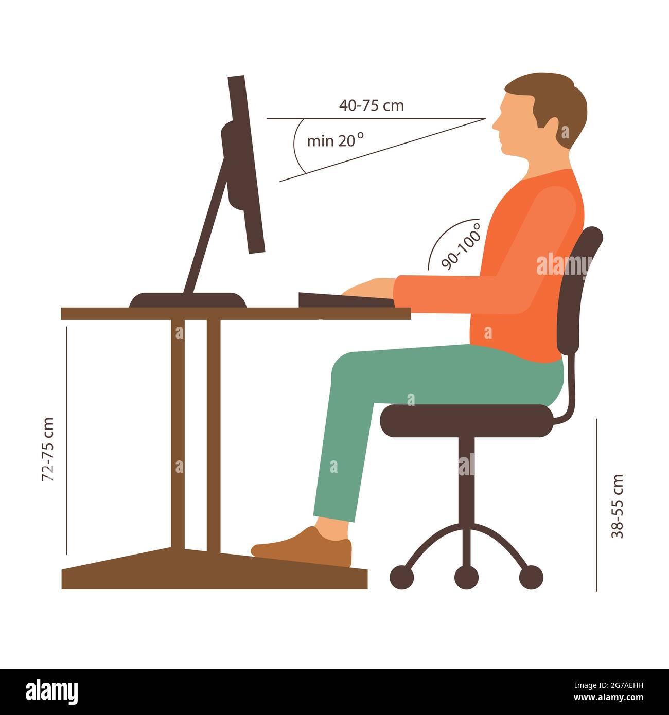posizione seduta corretta, postura della scrivania dell'ufficio, illustrazione vettoriale Illustrazione Vettoriale