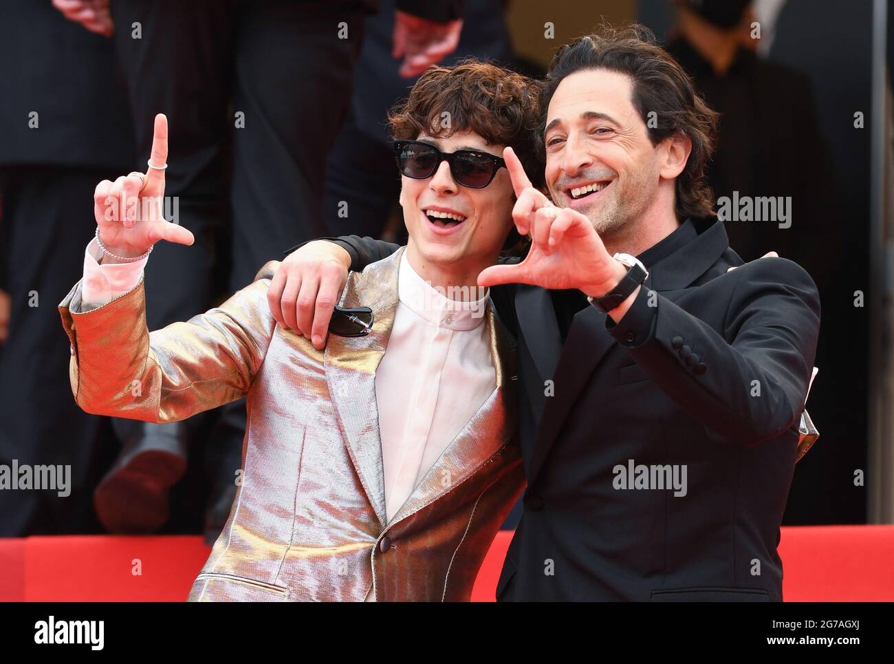 Cannes, Francia, 12 luglio 2021 Timotee Chalamet e Adrien Brody arrivano alla prima spedizione francese, tenutasi al Palais des Festival. Parte del 74a Festival del Cinema di Cannes. Credit: Doug Peters/EMPICS/Alamy Live News Foto Stock