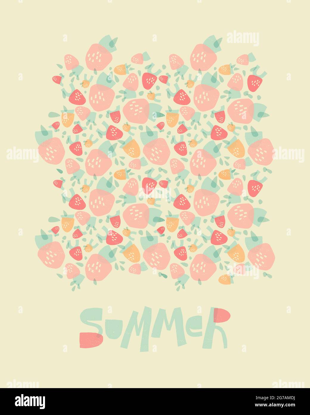 Fragole di forme geometriche. Design estivo in colori pastello per stampa, poster, cartolina. Illustrazione Vettoriale