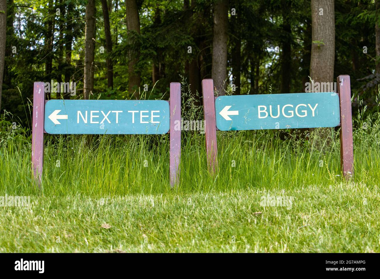 Una tavola con direzione di strada su un campo da golf Foto Stock