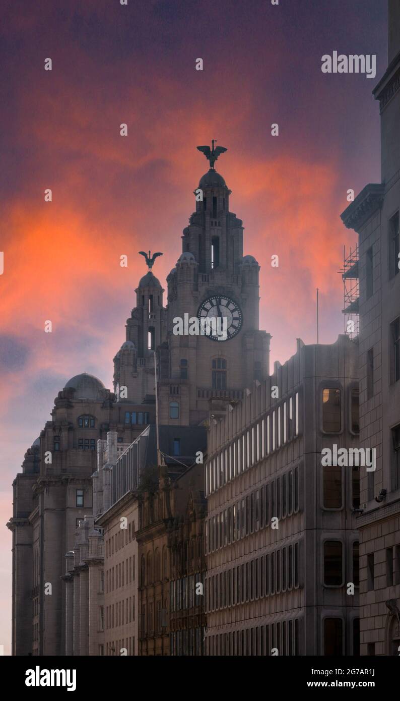 Torri del Royal Liver Building con uccelli epatici Bella e Bertie in cima alle torri contro il cielo crepuscolo a Pier Head, Liverpool Foto Stock