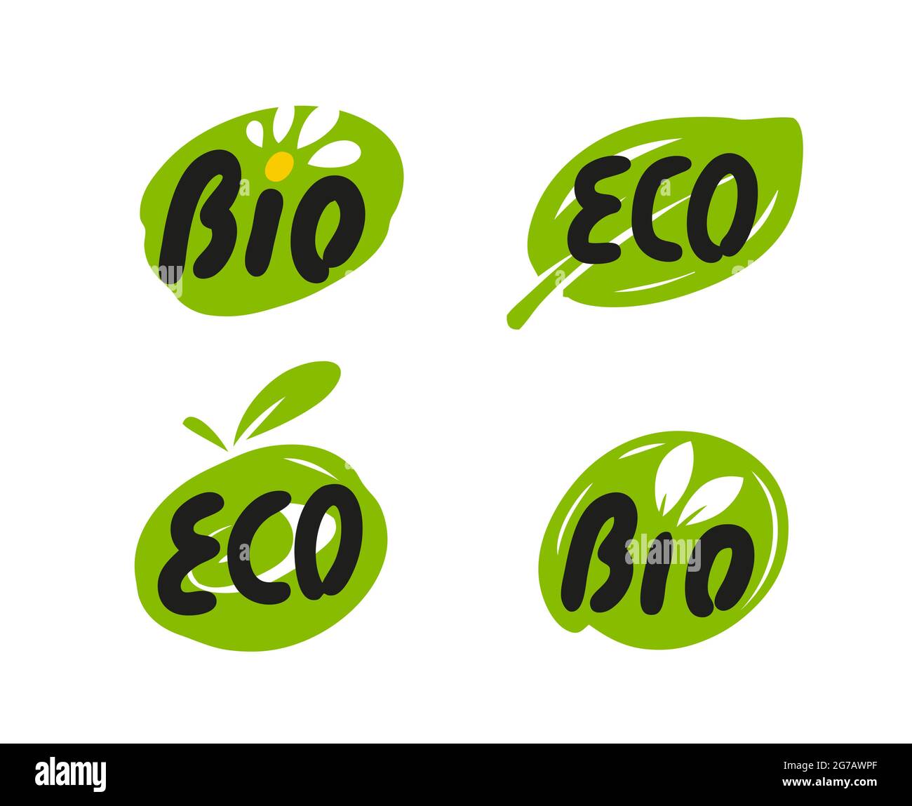 Icona del prodotto bio. Emblemi, adesivi, logo eco-organici a foglia Illustrazione Vettoriale